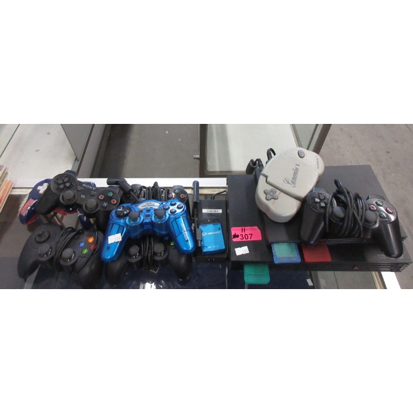 2 PS2 Consoles with Assorted Controllers