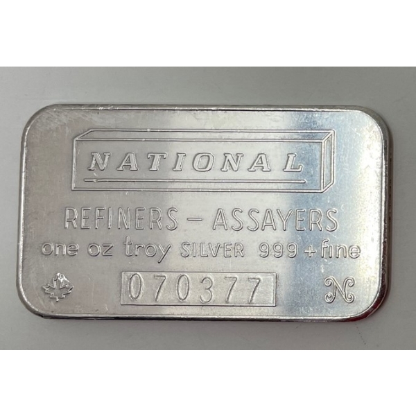 Vintage 1 Oz .999+ Silver National Bar 