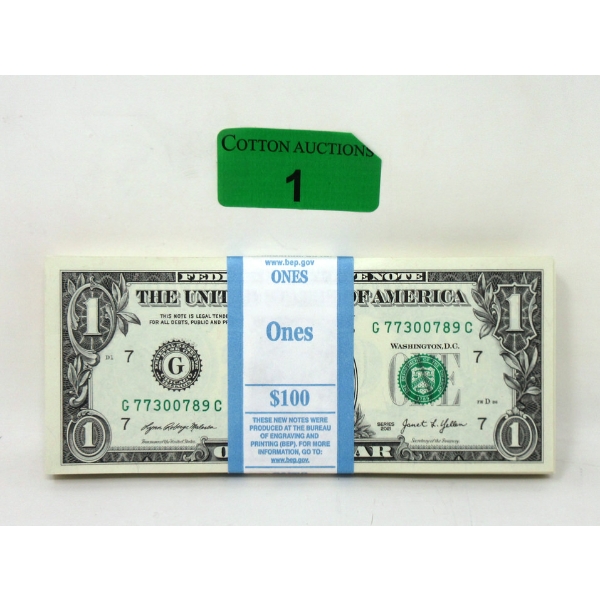 100 x $1 USD Uncirculated Federal Reserve Bundle with Strap 