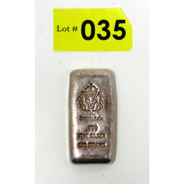 100 Gram .999 Silver Scottsdale Lion Mint Bar 