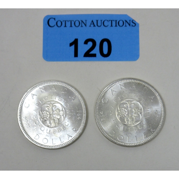 Two 1964 Canadian 80% Silver Dollar Coins