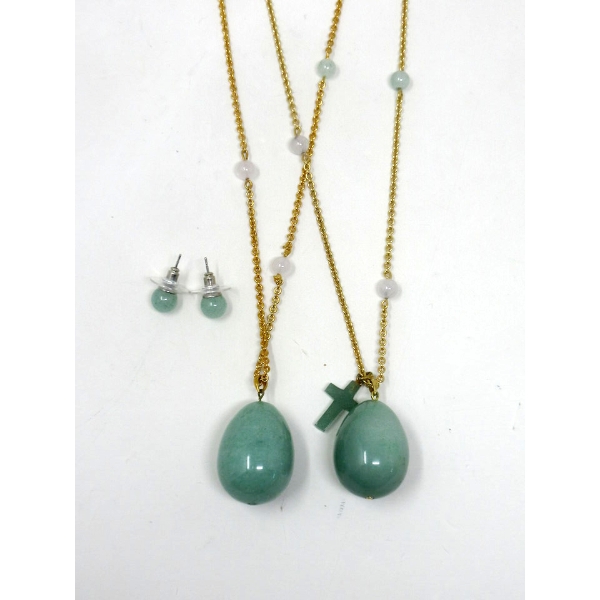 2 Aventurine & Quartz Bead Necklaces on 30" Chains 