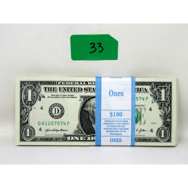 100 x $1 USD Uncirculated Federal Reserve Bundle 