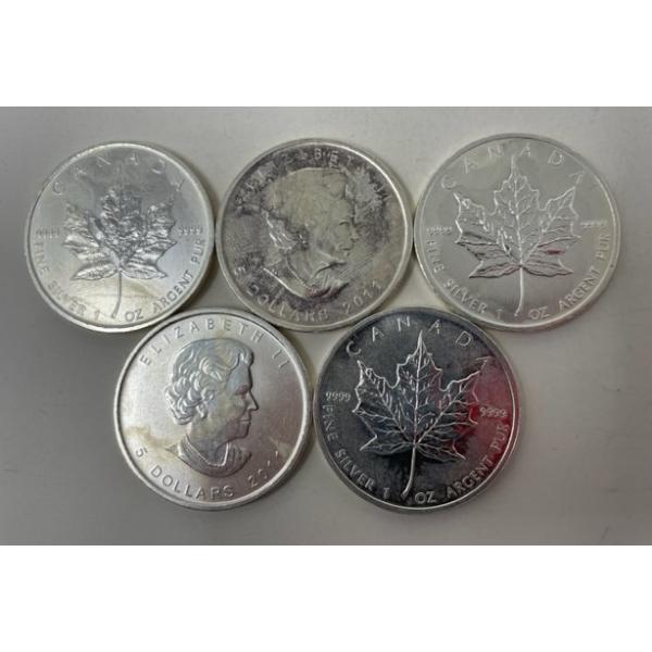5 x 1 Oz Canada Maple Leaf .9999 Silver Coins