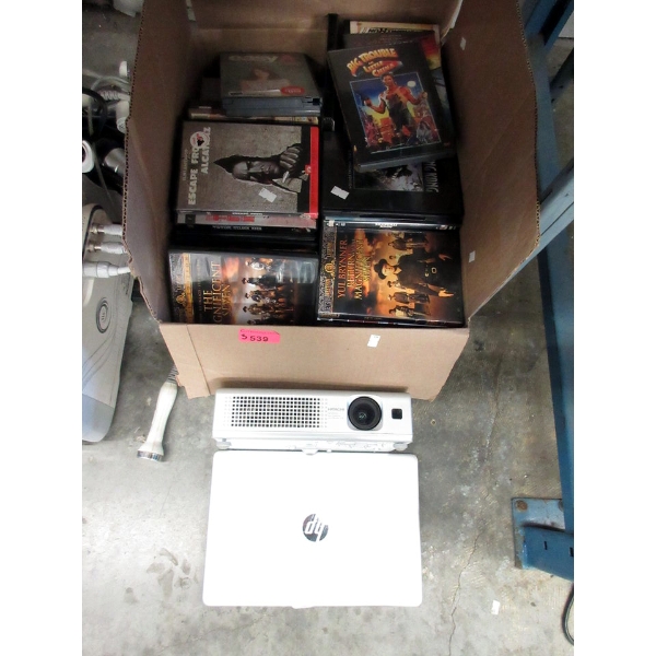 HP Laptop, Hitachi Projector & Huge Box of DVDs
