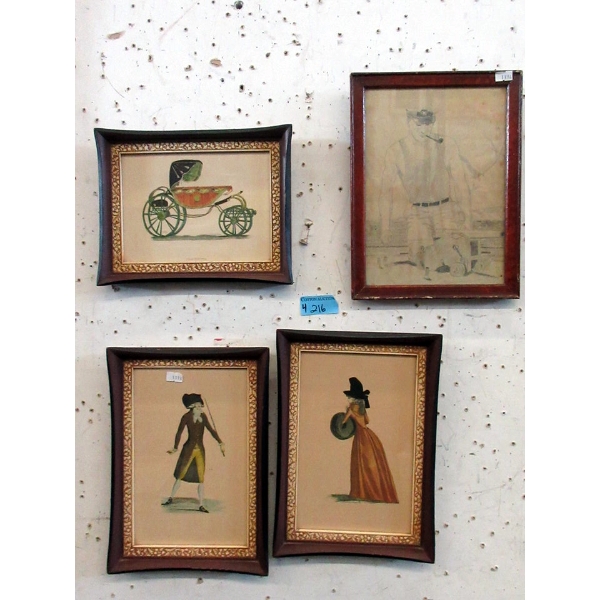 3 Vintage French Etchings & 1 Sheridan Pencil Drawing