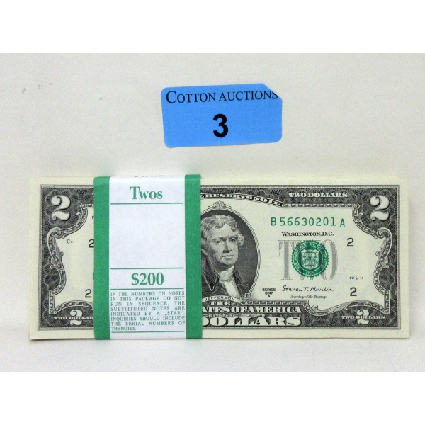 100 x $2 USD Uncirculated Federal Reserve Bundle with Strap 