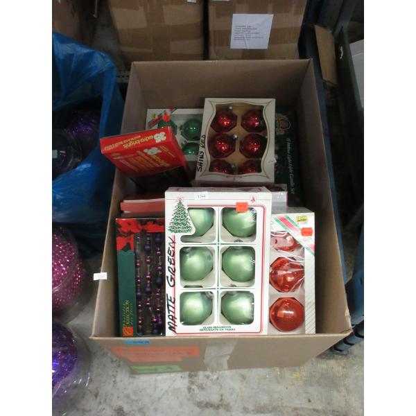 Box of Assorted Christmas Ornaments & Lights 
