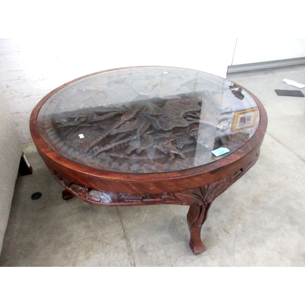 Carved Wood Coffee Table with Glass Insert Top