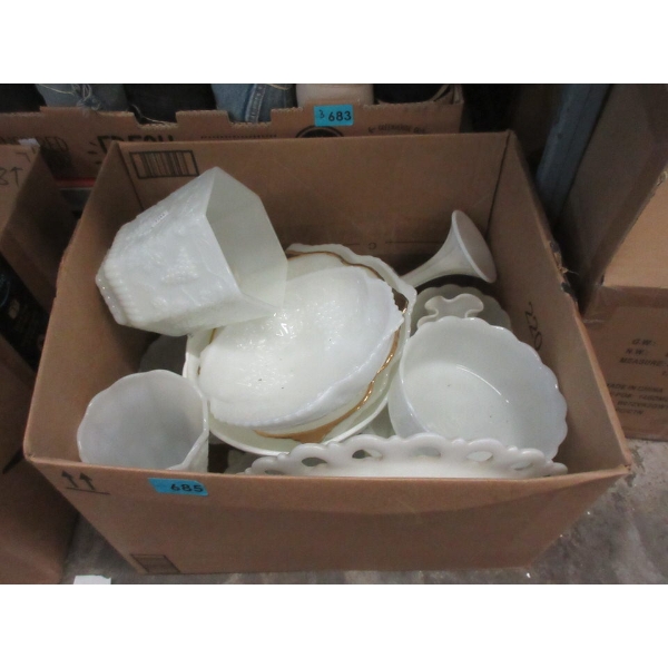 Box of Assorted Vintage Milk Glass Collectibles