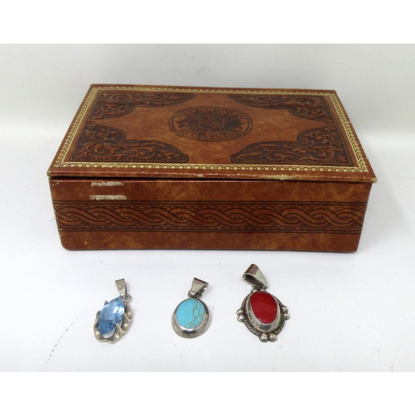 3 Sterling Silver Pendants & 1 Leather Jewel Box