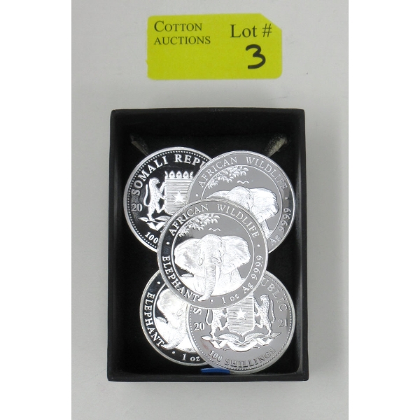 5 x 1 Oz .9999 Silver African Wildlife Elephant Coins 