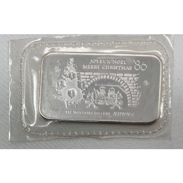 1 Oz .999+ Silver 1986 Merry Christmas Bar 