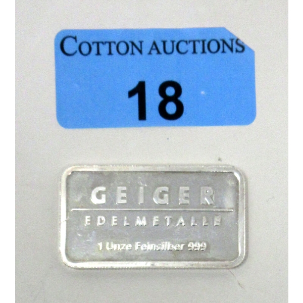 1 Oz .999 Silver GEIGER Bar 