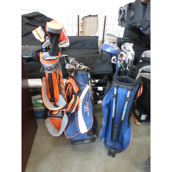 3 Children's Golf Stand Bags with Assorted Clubs