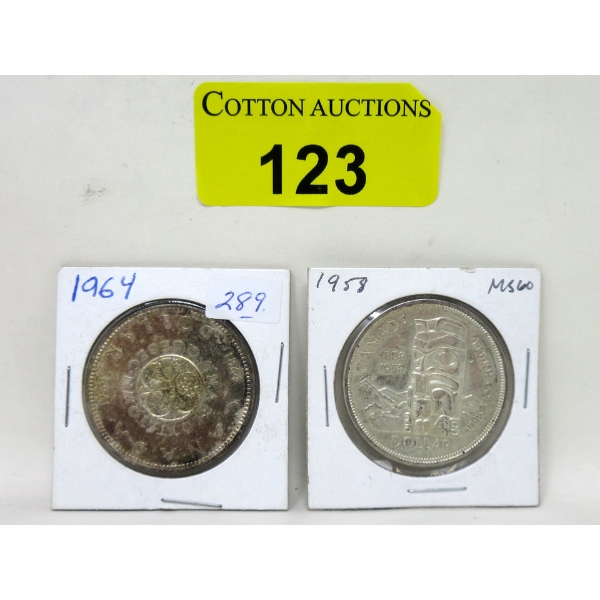 One 1958 & One 1964 Canada 80% Silver Dollar Coin