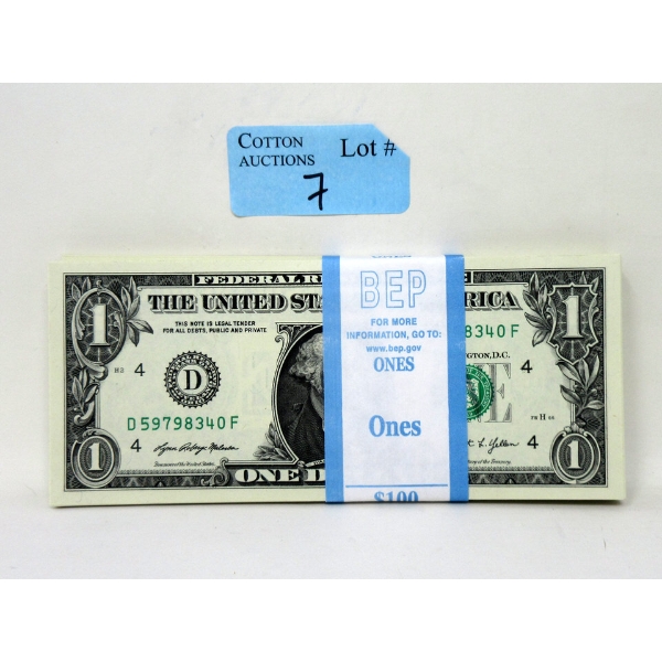 100 x $1 USD Uncirculated Sequential Numbered Federal Reserve Bundle 