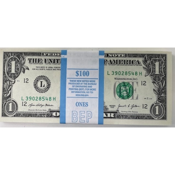 100 x $1 USD Uncirculated Federal Reserve Bundle 