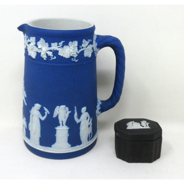 Black Wedgewood Snuff Box & Blue Jasperware Jug