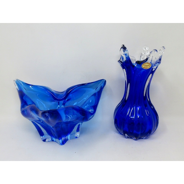 2 Mid-Century Blue to Clear Art Glass Pieces