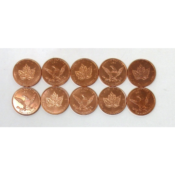 10 x 1 Oz. Canada/USA .999 Fine Copper Rounds