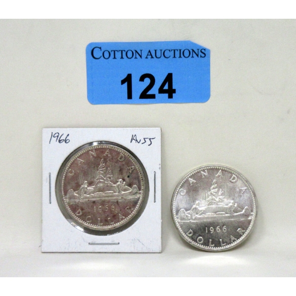 Two 1966 Canadian 80% Silver Dollar Coins