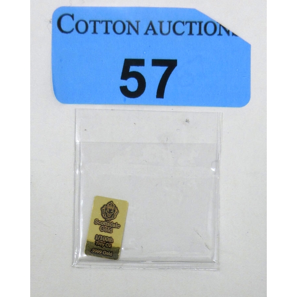 1/100 Oz .9999 Fine Gold Scottsdale Lion Mint Bar 