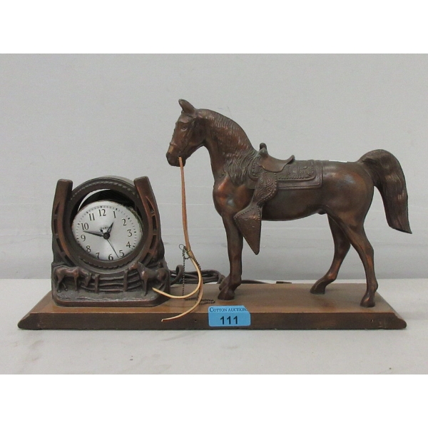 Vintage Spartu Western Metal Clock on Wood Base