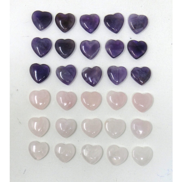 15 Polished Rose Quartz & 15 Amethyst Hearts