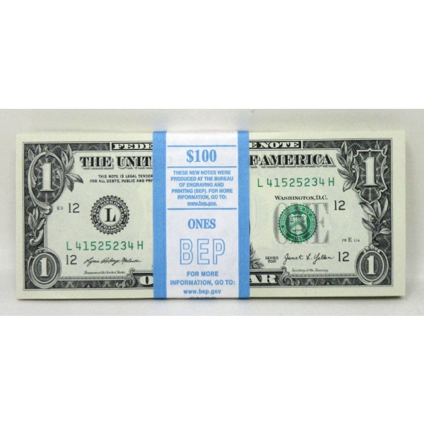 100 x $1 USD Uncirculated Federal Reserve Bundle 