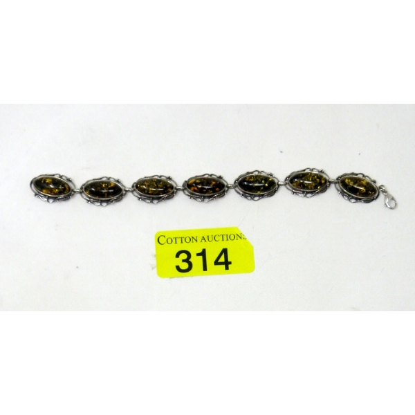 8" Sterling Silver Oval Link Amber Resin Bracelet