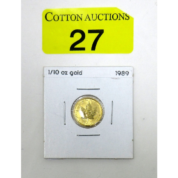 1/10 Oz/ 3.10 Grams .9999 Fine Gold 1989 Maple Leaf Coin 