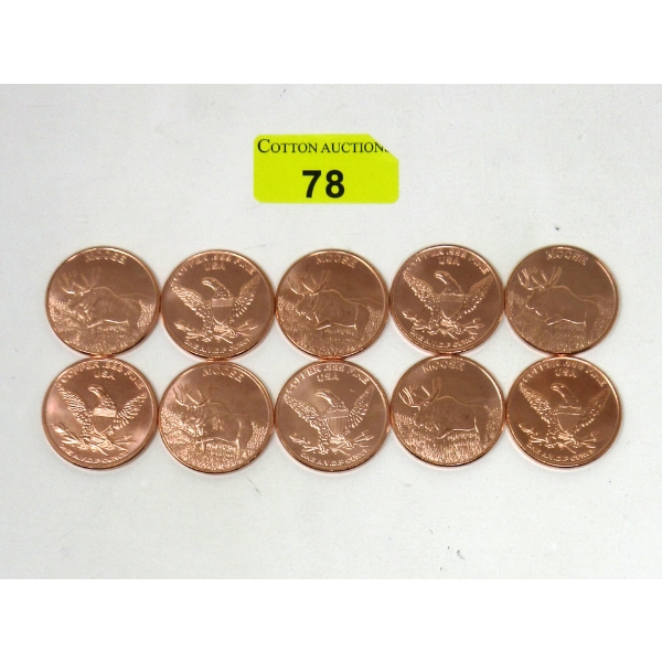 10 x 1 Oz .999 Fine Copper Moose Art Rounds