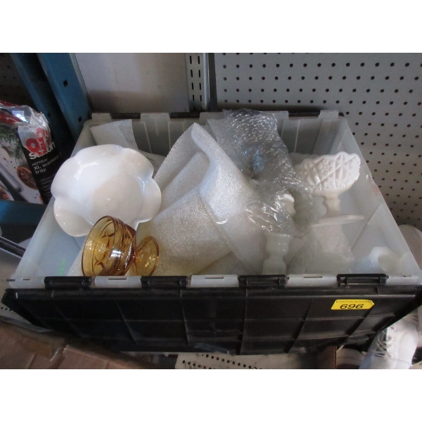 Tote of Assorted Glassware - Some Milk Glass