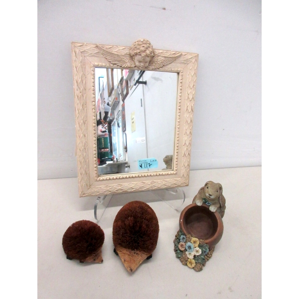 Framed Cupid Mirror, 2 Hedgehogs & 1 Bunny Plant Pot