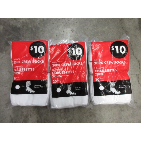 3 New 20 Packs of Men's Crew Socks - White