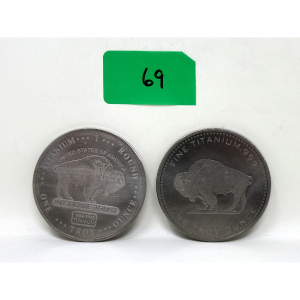 2 x 1 Oz .999 Fine Titanium Buffalo Art Round