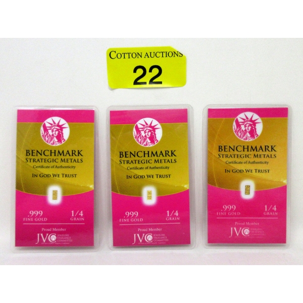 3 x 1/4 Grain .999 Fine Gold Certified Bars 