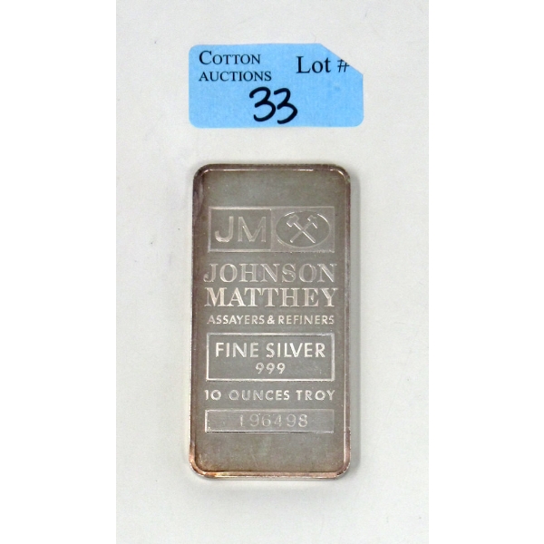 10 Oz .999 Silver Johnson Matthey Bar 