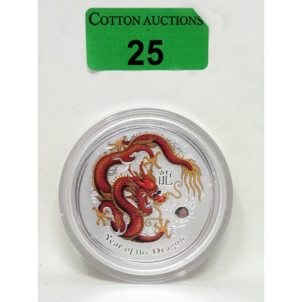 5 Oz .999 Silver 2012 Year of the Dragon Colorized Coin 