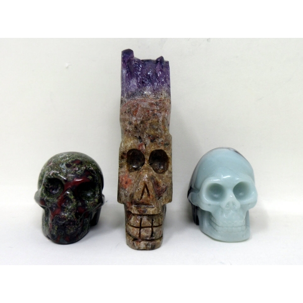 3 Hand-Carved 3D Gemstone Skulls 