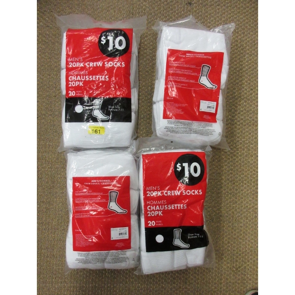 4 New Packs of 20 Pairs of Men's Crew Socks - White