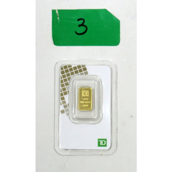 1 Gram .9999 Fine Gold TD Investor Bar 