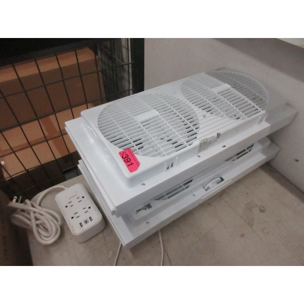 2 Window Fans and 1 Power Strip with Plug-ins & USB 