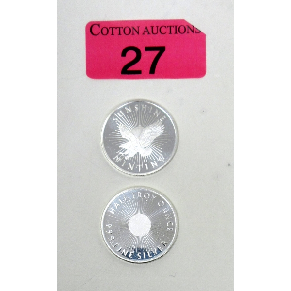 2 x 1/2 Oz .999 Silver Sunshine Minting Rounds 