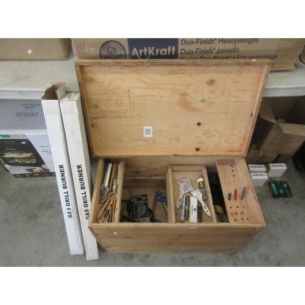 Wood Crate of Tools & 2 Gas Grill Burners