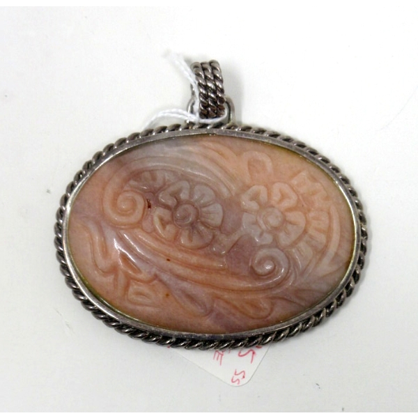 Large .925 Silver Carved Agate Pendant by Barse