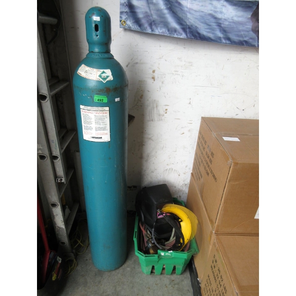 Praxair Helium Tank & Bin of Masks & Hoses