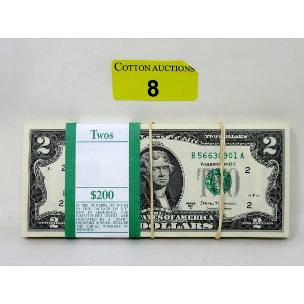 100 x $2 USD Uncirculated Sequential Numbered Federal Reserve Bundle 