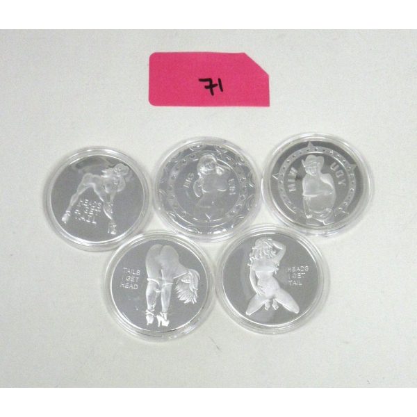 5 x Silver Clad NUDE Girl Art Rounds 